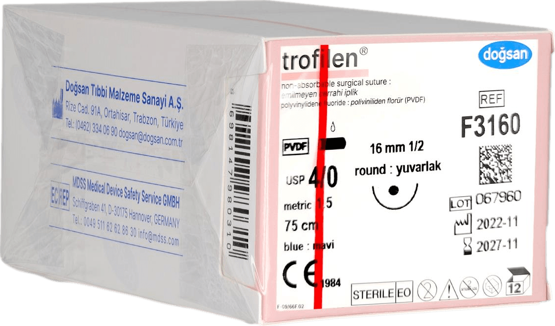 Doğsan Trofilen 4/0 16 1/2 Yuvarlak (●) 75cm PVDF Emilemeyen Sütür 12 Ad./Pkt